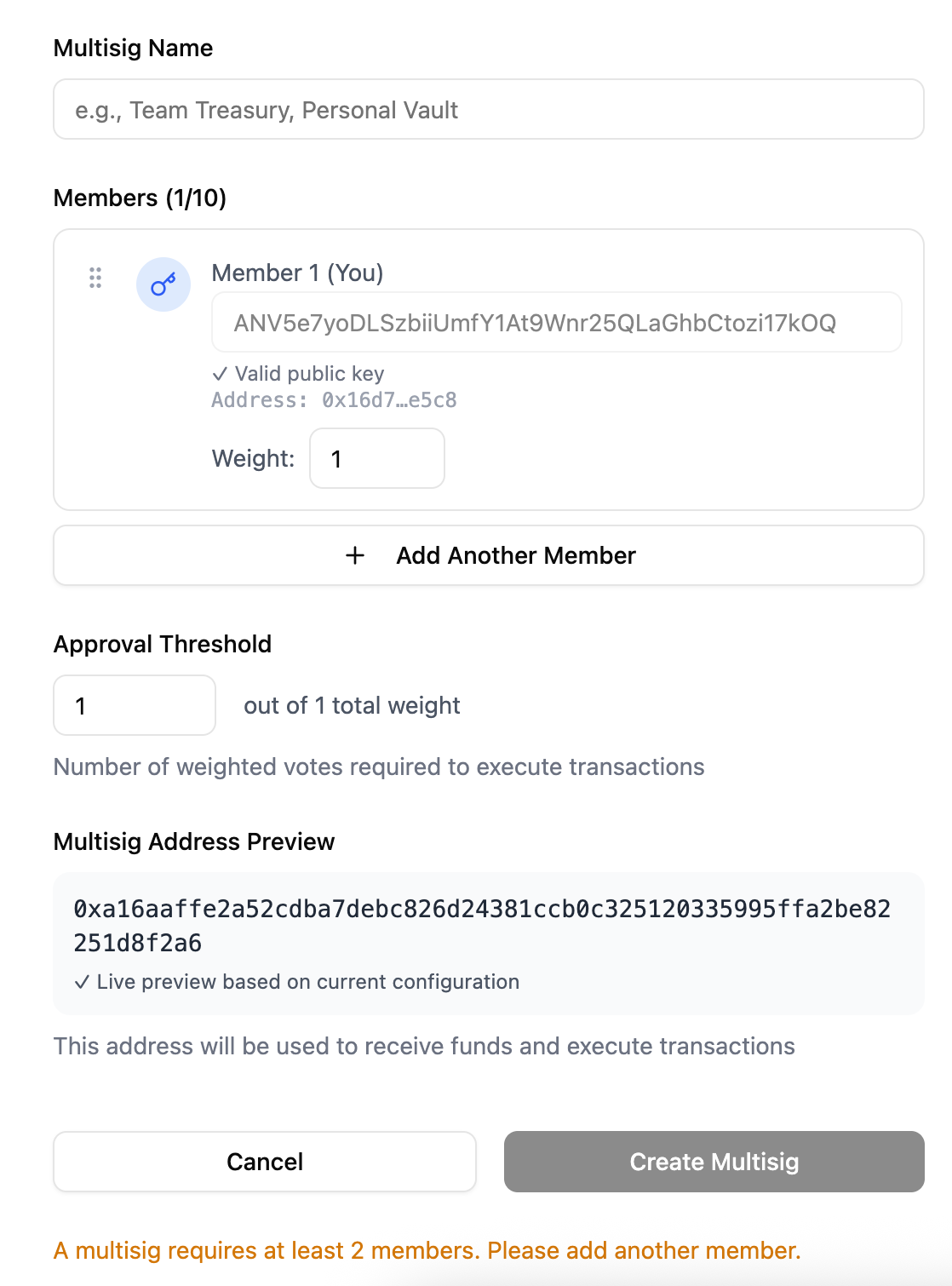 Screenshot showing multisig creation form. Sagat create multisig